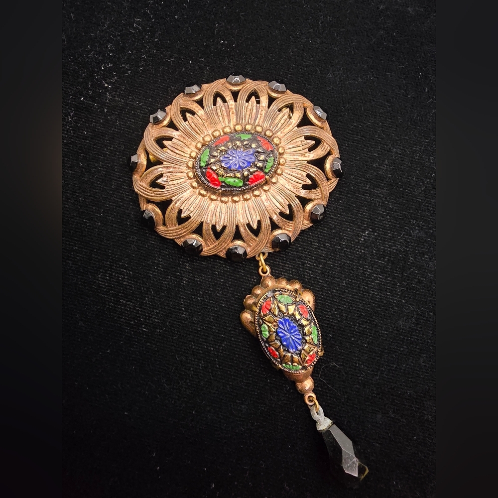 Embossed Painted Glass Sunflower Brooch Copper Dangle Vintage
